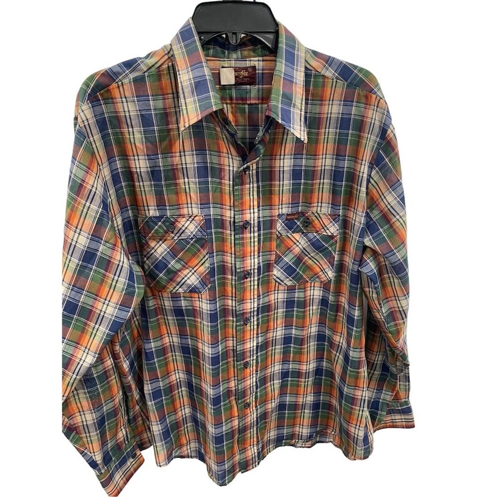 Vintage Wrangler Plaid Button-Up Shirt Men's XL‎ Multicolor Long Sleeve Casual